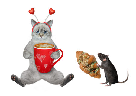 An ashen cat in a headband drinks coffee near a rat with a pistachio croissant. white background. isolated.の写真素材