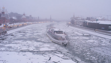 MOSCOW - JANUARY 2015. A boat on the Moscow River near the Kremlin.