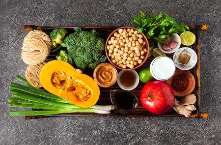 Colorful fruits and vegetables asian backgroundの写真素材