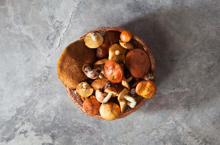 wild edible mushrooms in basket on grey stone tableの写真素材