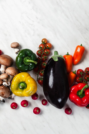 fresh vegetables on the table, bright multi-colored organic bio production. concept of healthy eating. top view, flat layの写真素材