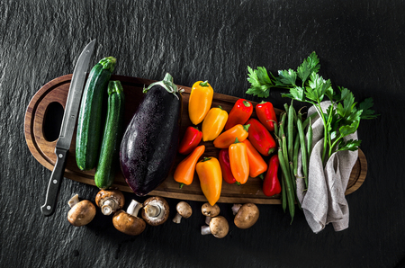 Organic food background. Food photography different fruits and vegetables background. Copy space. High resolution productの写真素材