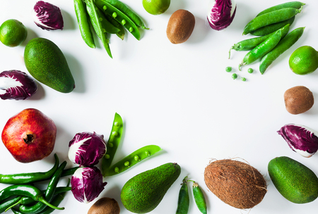 bright Background of fresh summer ripe Fruits and Vegetables. Organic products isolated on white background. Copy space. supermarket High resolution productの写真素材