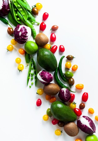 bright Background of fresh summer ripe Fruits and Vegetables. Organic products isolated on white background. Copy space. supermarket High resolution productの写真素材