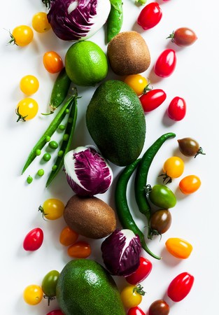 bright Background of fresh summer ripe Fruits and Vegetables. Organic products isolated on white background. Copy space. supermarket High resolution productの写真素材