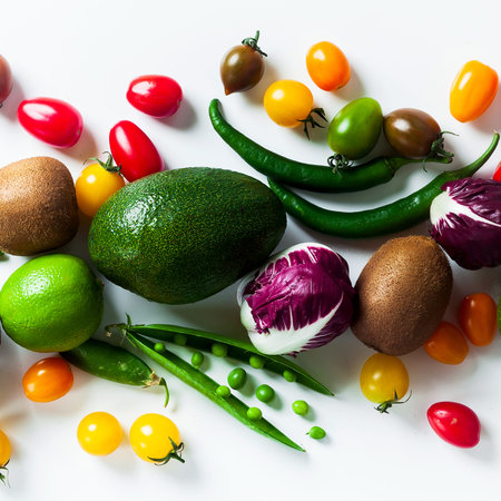 bright Background of fresh summer ripe Fruits and Vegetables. Organic products isolated on white...