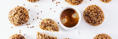 banner of a cup of espresso and fresh biscuits on a white background. a frame for bars, cafes,...