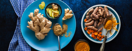 banner of roots of ginger and turmeric and powder of them. healthy natural supplements, spices for...
