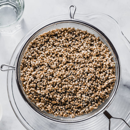 cook green buckwheat on a marble table. and hand blenderの写真素材