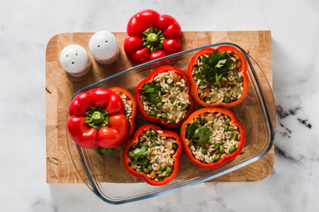 Stuffed peppers in a glass baking dish, ready for baking in the oven. healthy vegan cuisine for the...