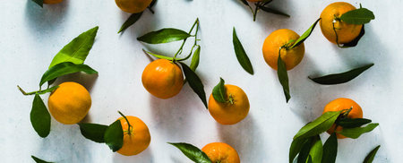 banner of Christmas pattern. Christmas tangerines on white background. Flat lay, top view