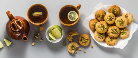 banner of homemade cookies, almond and sesame biscuits with pistachios. healthy vegan gluten free...
