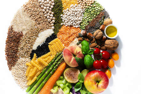 circle of basic vegan ingredients and products. cereals, legumes, fresh vegetables and fruits, oils, seeds and nuts. balanced healthy diet isolated on whiteの写真素材