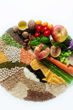 circle of basic vegan ingredients and products. cereals, legumes, fresh vegetables and fruits, oils, seeds and nuts. balanced healthy diet isolated on whiteの写真素材
