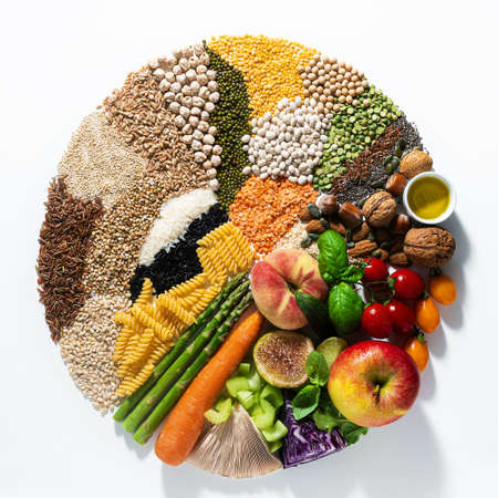 circle of basic vegan ingredients and products. cereals, legumes, fresh vegetables and fruits, oils, seeds and nuts. balanced healthy diet isolated on whiteの写真素材