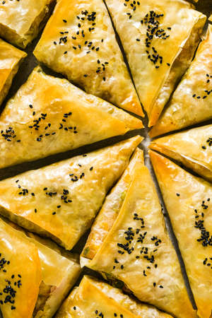 baked in the oven indian samosa made with phyllo with spicy potatoes and vegetables with black sesame seeds. street traditional fast foodの写真素材