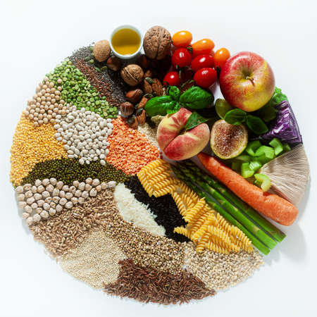 circle of basic vegan ingredients and products. cereals, legumes, fresh vegetables and fruits, oils, seeds and nuts. balanced healthy diet isolated on whiteの写真素材