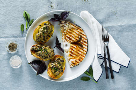 Serve with Baked Mushroom Potatoes and Swordfish Steak. healthy lunch or dinner for the familyの写真素材