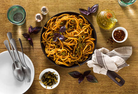 Bucatini pasta with Sicilian almond pesto. traditional vegan italian cuisineの写真素材