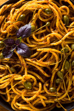 Bucatini pasta with Sicilian almond pesto. traditional vegan italian cuisineの写真素材