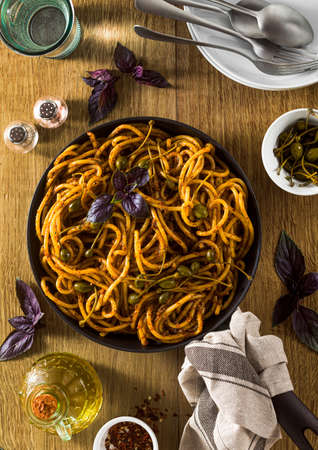 Bucatini pasta with Sicilian almond pesto. traditional vegan italian cuisineの写真素材