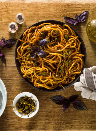 Bucatini pasta with Sicilian almond pesto. traditional vegan italian cuisineの写真素材