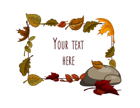 Autumn frame with leaves and stones. Vector illustration on white background.のイラスト素材