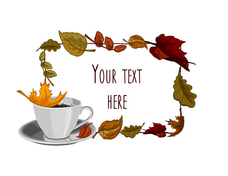 Coffee cup and autumn leaves frame on white background. Vector illustration.のイラスト素材