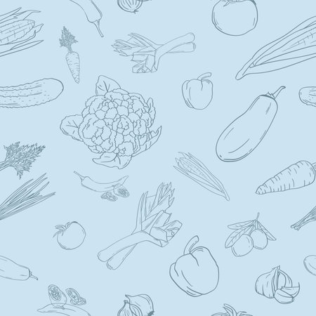 Seamless pattern with hand drawn vegetables. Vector illustration in sketch style.のイラスト素材