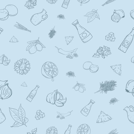 Seamless pattern with illustration of vegetables, food and culinary ingredientsのイラスト素材