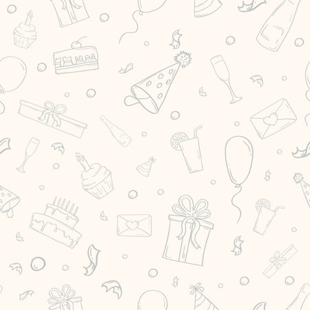 Seamless pattern with birthday elements. Vector illustration in hand drawn style.のイラスト素材