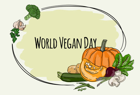 World Vegetarian Day. Vector illustration of a poster with vegetables.のイラスト素材