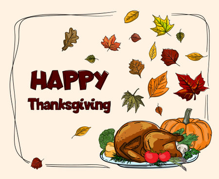 Thanksgiving day greeting card with roasted turkey and autumn leaves. Vector illustration.のイラスト素材
