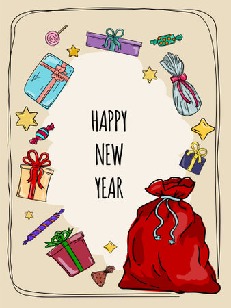New Year greeting card with a bag of gifts. Vector illustration.のイラスト素材