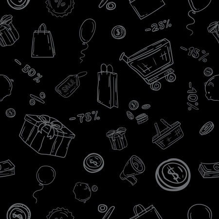 Seamless pattern with shopping icons on black background. Vector illustration.のイラスト素材
