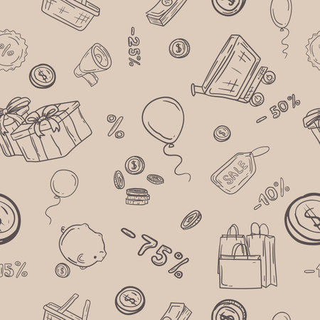 Seamless pattern with shopping icons. Hand drawn vector illustration.のイラスト素材