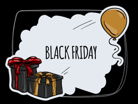 Illustration of a black friday background with gift boxes and balloonsのイラスト素材
