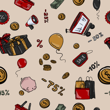 Seamless pattern with shopping icons. Vector illustration. Hand drawnのイラスト素材