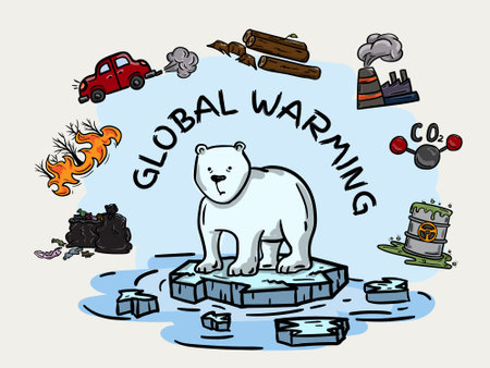Colored vector hand drawn illustration of a polar bear dying from global warming and climate changeのイラスト素材