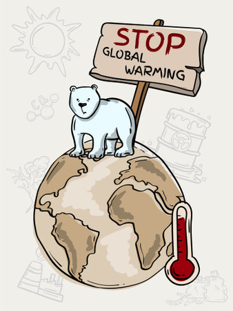Colored vector hand drawn illustration of a polar bear dying from global warming and climate changeのイラスト素材