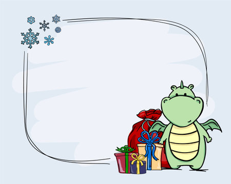 New Years opening template with space for text, New Years elements and the symbol of the year - a cute dragonのイラスト素材