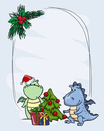 New Years opening template with space for text, New Years elements and the symbol of the year - a cute dragonのイラスト素材