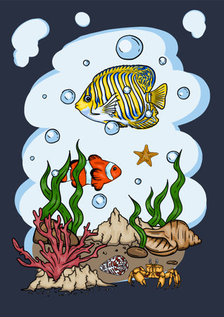 Bright vector illustration of the underwater world with beautiful fish, shells, algae in the seaのイラスト素材