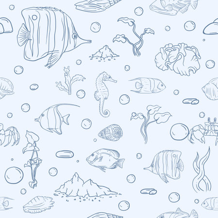 Seamless vector pattern for gift paper with underwater world, marine life, fish and seashellsのイラスト素材