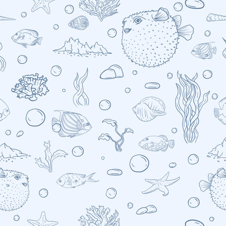 Seamless vector pattern for gift paper with underwater world, marine life, fish and seashellsのイラスト素材