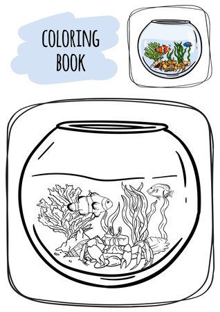 Childrens coloring book. Aquarium with fish, algae, shells and marine lifeのイラスト素材