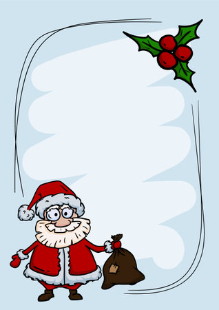 New Year and Christmas Greeting Card Vector Template with Cute Funny Santa Claus with Gift Bagのイラスト素材