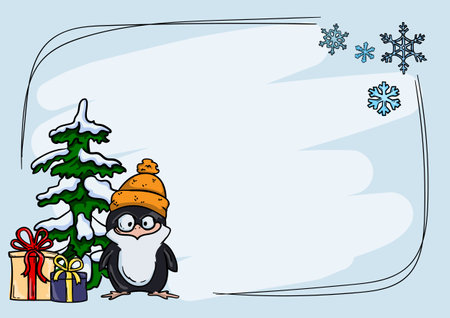 New Year and Christmas Greeting Card Vector Template with Cute Funny Penguin, Gifts, Christmas Tree and Snowflakesのイラスト素材