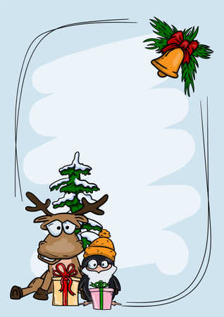 New year and christmas greeting card vector template with cute funny deer, penguin, gifts, christmas tree and bellのイラスト素材