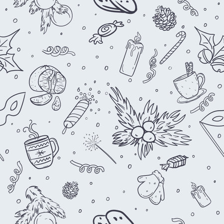 Bright seamless vector pattern for gift paper with winter, new year and christmas elementsのイラスト素材